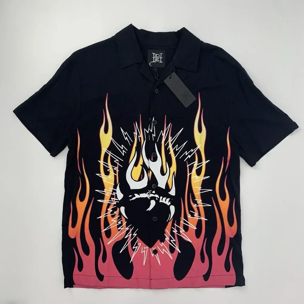 Ed Hardy NWT Tattoo Black Fire Heart Short Sleeve Button Up Men's Shirt Size Sm‎